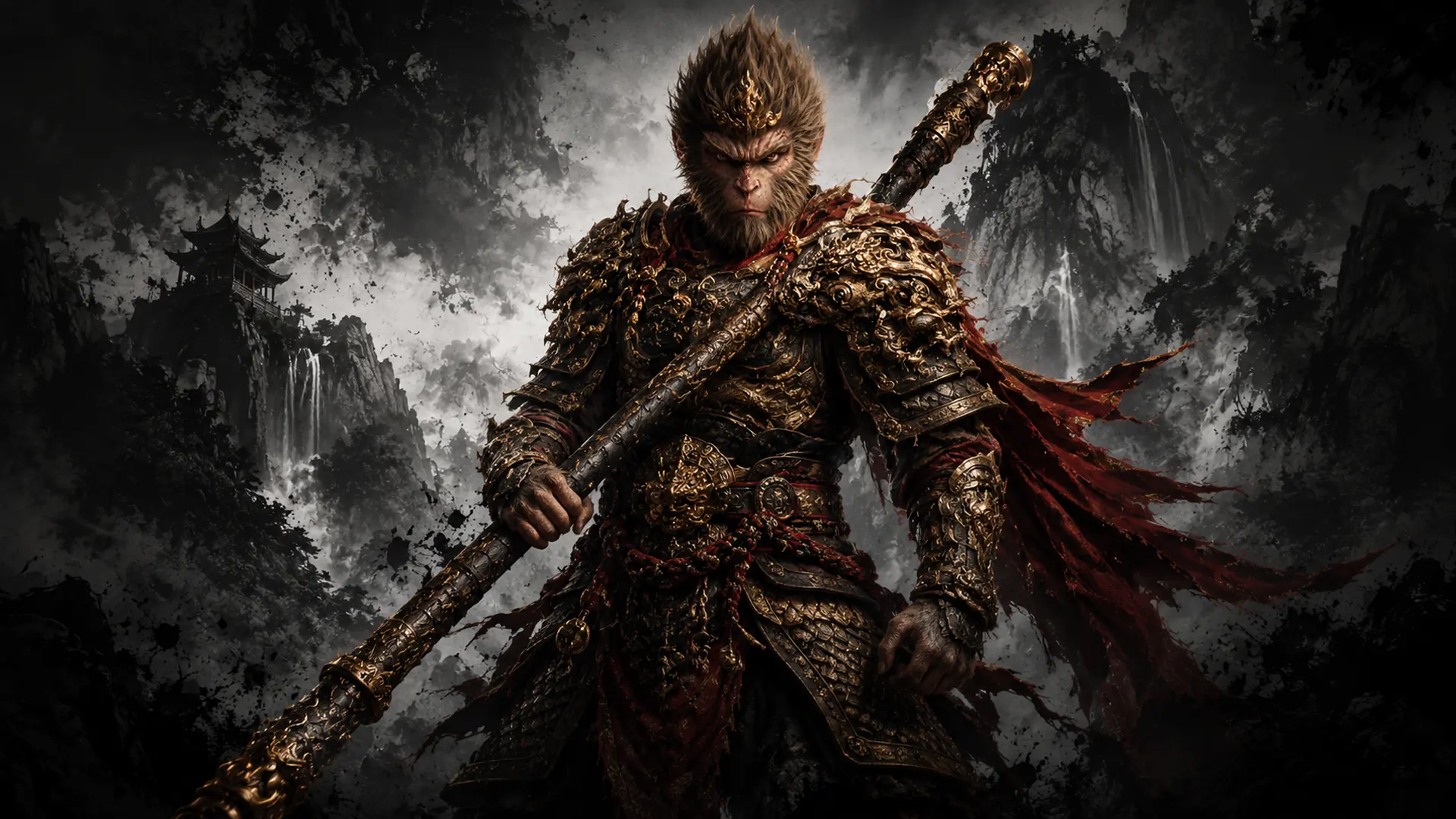 Wukong-inspired warrior holding a golden staff in a monochrome landscape
