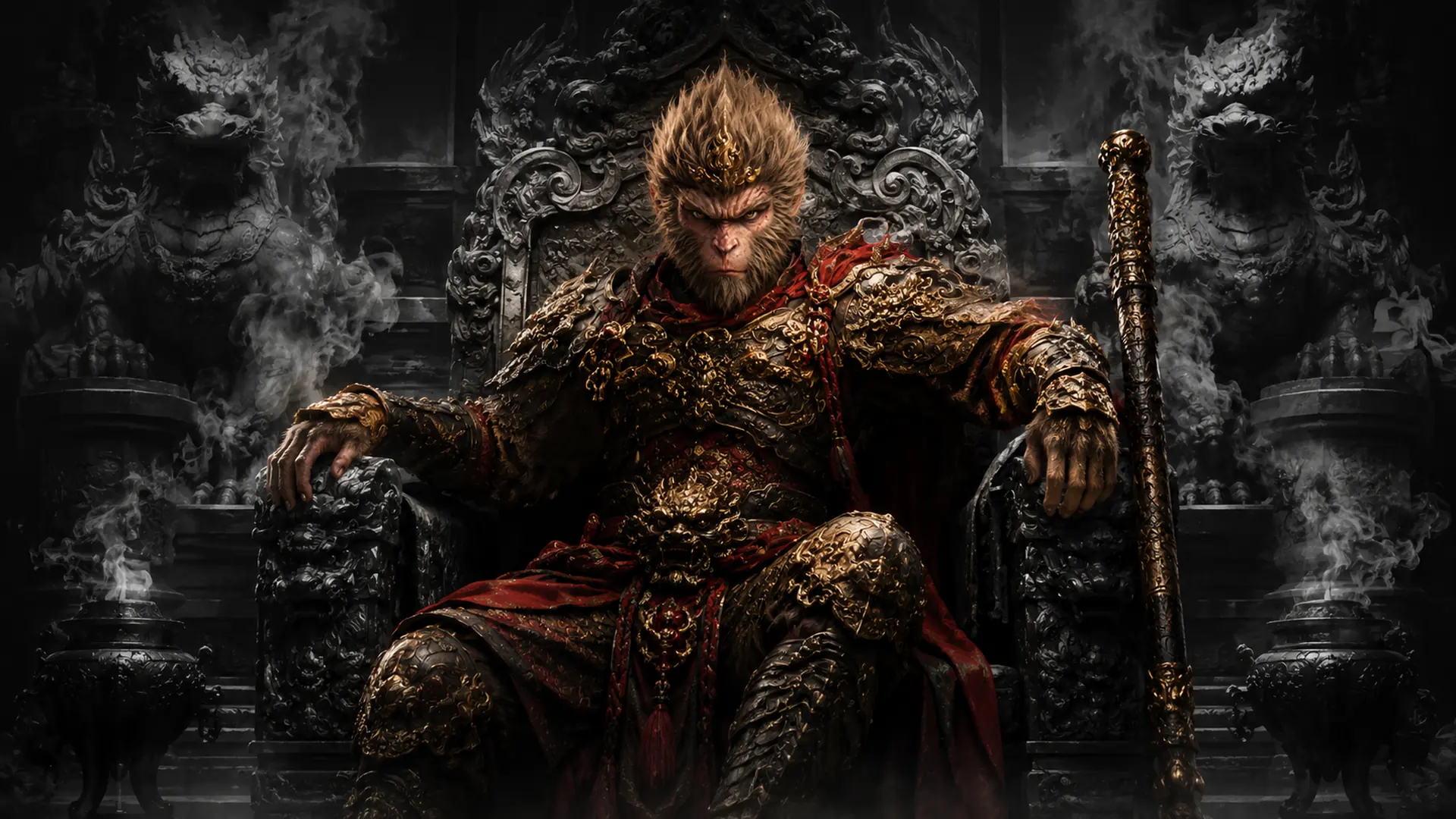 Wukong-inspired warrior sitting on a throne in a dark temple
