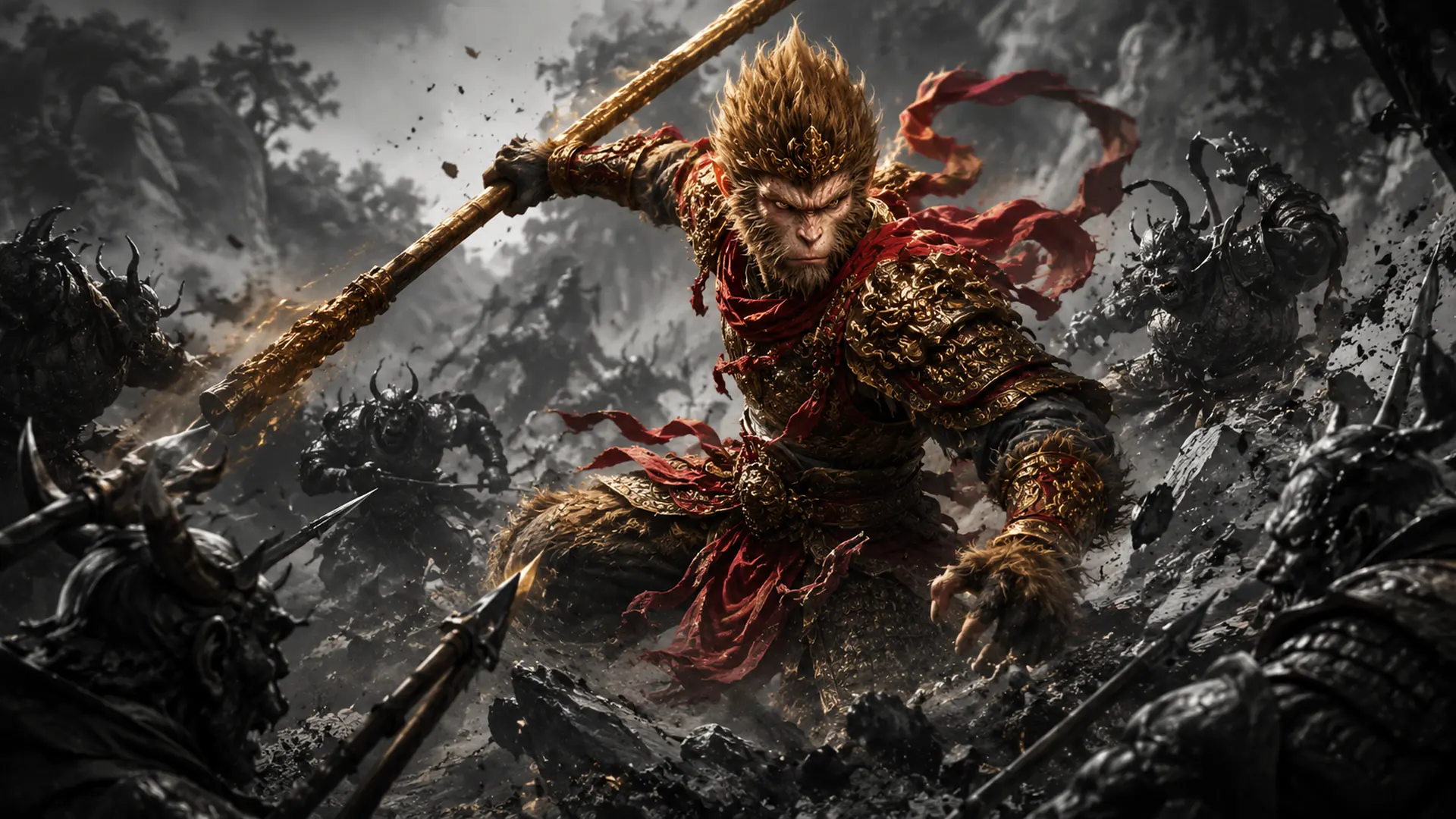 Wukong-inspired warrior fighting enemies in a cinematic battle scene