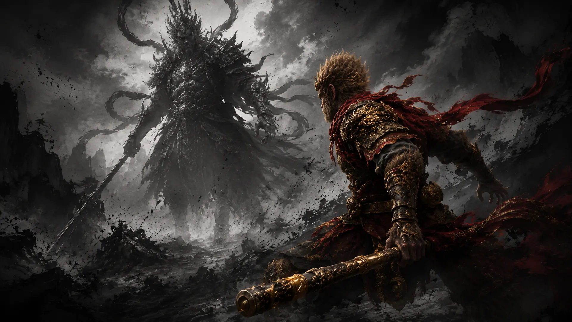 Wukong-inspired warrior challenging a powerful enemy